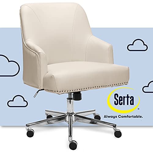 Serta Leighton Home Office Chair with Memory Foam, Height-Adjustable Desk Accent Chair with Chrome-Finished Stainless-Steel Base, Bonded Leather, Cream White