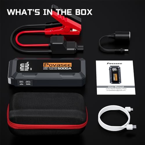 Povasee Jump Starter 5000A Peak Car battery jump starter, 12V Jump start battery pack up to ALL Gas or 10L Diesel Engine Battery Jump box with 3" LCD Display Power Bank/Dual Output/LED Light