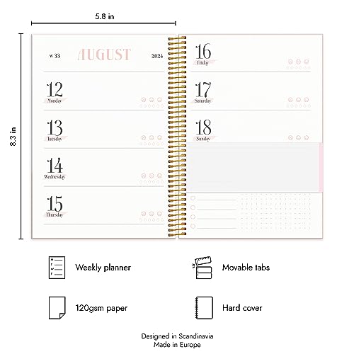 Burde Planner 2024 | Daily & Weekly Planner | Life Planner Pink Horizontal | 18 December 2023-5 January 2025 | Hardcover & Spiralbound A5 Format | Monthly & Yearly Overview | Stickers Included