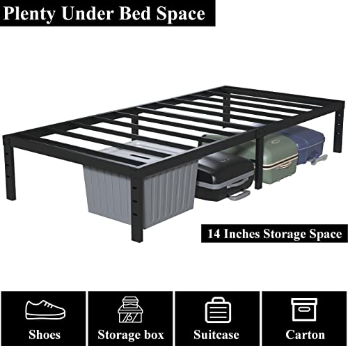 Upcanso 18 Inch Twin Bed Frames No Box Spring Need, Metal Platform Bed Frame Twin Size with High Storage, Eassy Assembly 2,500 Lbs Heavy Duty Bedframes, Black