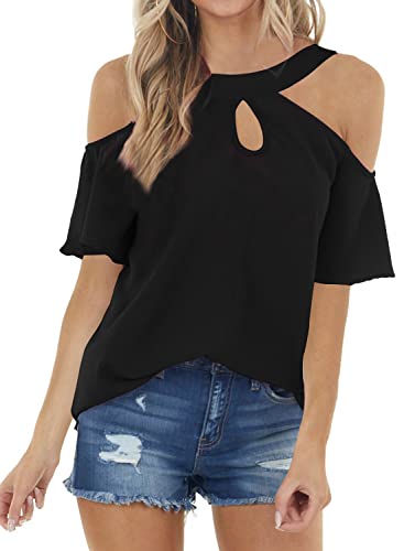 Womens Summer Black Cold Shoulder Tops Sexy Casual Short Sleeve 2024 Trendy Ladies Cute Cut Out Keyhole Halter Going Out T Shirts Blouse S