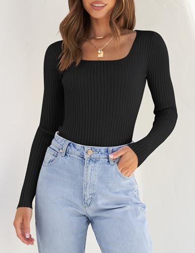 ZESICA Women's 2024 Long Sleeve Square Neck T Shirts Slim Fitted Elegant Fall Ribbed Knit Casual Tee Tops,Sky,X-Large
