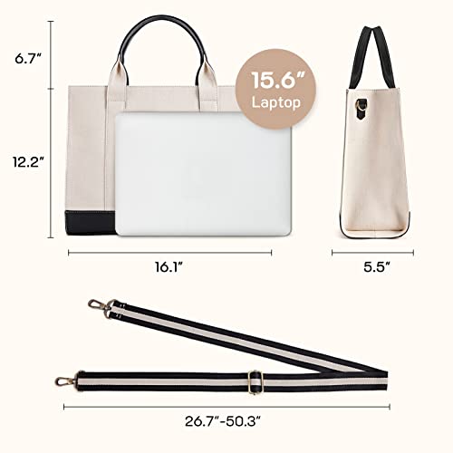 Missnine Tote Bag Canvas Laptop Bag 15.6 inch Briefcase for Women Large Capacity Handbag for Office, College, Travel (Black+Beige)