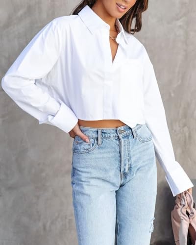 Womens Button Down Cropped Shirts Long Sleeve Summer 2024 Casual Crop Tops Solid Loose Blouse Shirt with Chest Pocket Blue Small