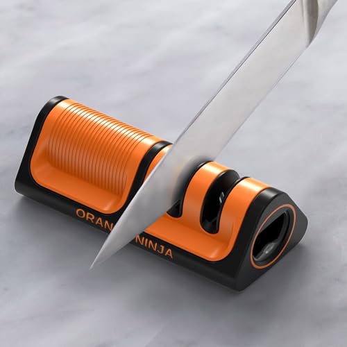 Orange Ninja Mini Knife Sharpener - Coarse & Fine Knife Sharpener, Knife Sharpening System- Knife Sharpeners for Kitchen Knives, Pocket Kitchen Knife Sharpener with Bottle Opener & Fridge Attachment