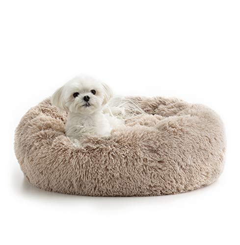 Brindle Donut Cuddler Pet Bed - Calming Anti-Anxiety Dog and Cat Bed - Plush Cozy and Washable Bed - Ergonomic Support, Small, Taupe