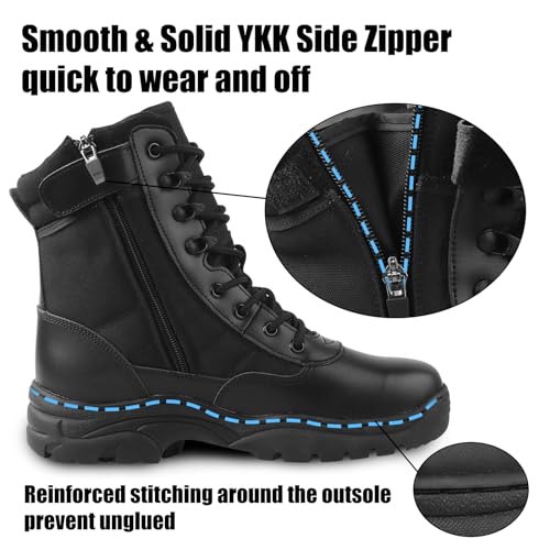 QUNLON Men's Tactical Boots Military Boots for Men Side Zipper Combat Motorcycle Boots Lightweight Army Work Boots 8'' Duty Boots Black Leather Police Boots-6.5US