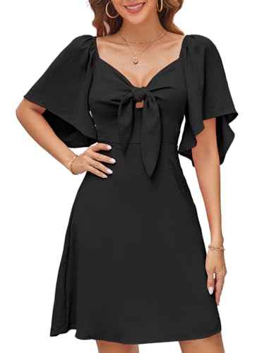 Naggoo Women 2024 Summer Short Sleeve Mini Dress Sexy Wrap V-Neck Cross Knot Short Sundress S Green