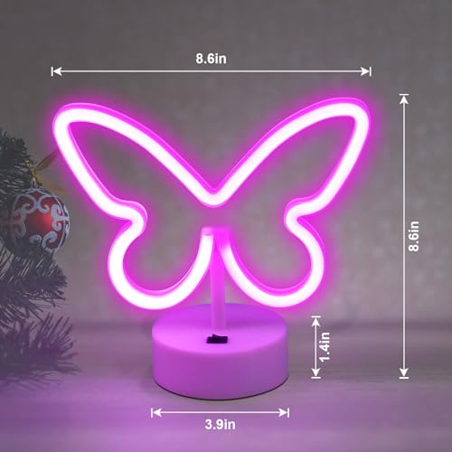 BRIGHTDECK 2 Pack Butterfly Neon Signs, LED Pink Butterfly Neon Sign Battery or USB Powered Decoration Lamp, Neon Lights Heart Decor for Valentines Day, Bedroom, Wedding, Party, Pink Room Decor