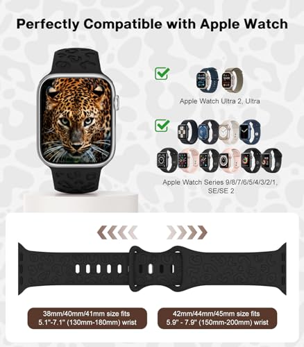 MoKo Leopard Engraved Band Compatible with Apple Watch Band 41mm 40mm 38mm 42mm 44mm 45mm 49mm Women Men Silicone,Cheetah Sport Strap Wristband for iWatch Band Series 9 8 7 6 5 4 SE Ultra 2,Black