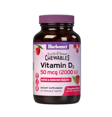 Bluebonnet Nutrition Earth Sweet Vitamin D3 2000 IU Chewable Tablets, Aids in Muscle and Skeletal Growth, D3, Non GMO, Gluten, Free, Soy Free, Milk Free, Kosher, 90 Chewable Tablets, Raspberry Flavor