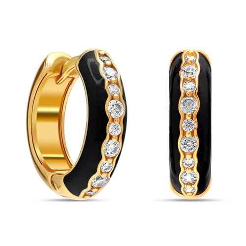 LeCalla 925 Sterling Silver Hoop Earrings | 14K Gold Plated Black Enamel Huggie Hoops | Dual-Tone SMALL Zirconia Earring for Teens 15 MM