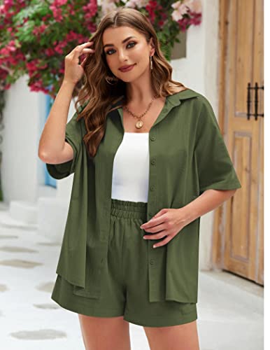 IN'VOLAND Women's Plus Size 2 Piece Outfits Summer Tracksuit Cotton Linen Shirt and Elastic Waist Shorts Summer Casual Tracksuits 18W