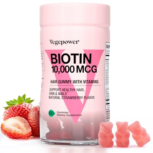 VEGEPOWER Biotin 10000mcg Hair Growth Gummies - Vegan Biotin Supplement Supports Healthy Hair, Skin and Nails, Non-GMO Hair Vitamin Gummy for Women Men Strawberry 60 Bears