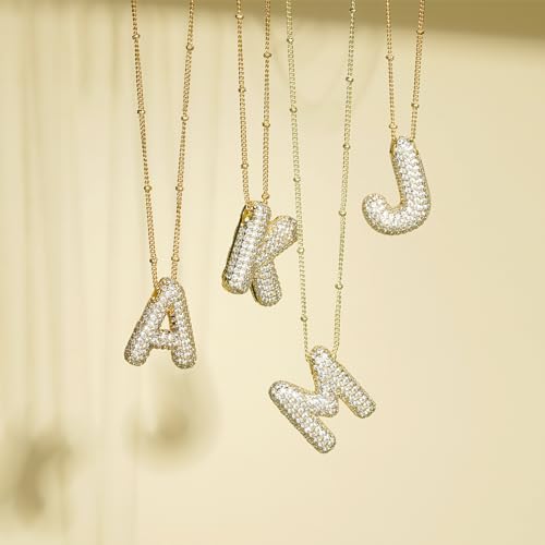 Apsvo Bubble Letter Necklace Gold, Balloon Initial W Necklaces Rhinestone Puff Letter Pendant Chunky Alphabet Necklace for Women