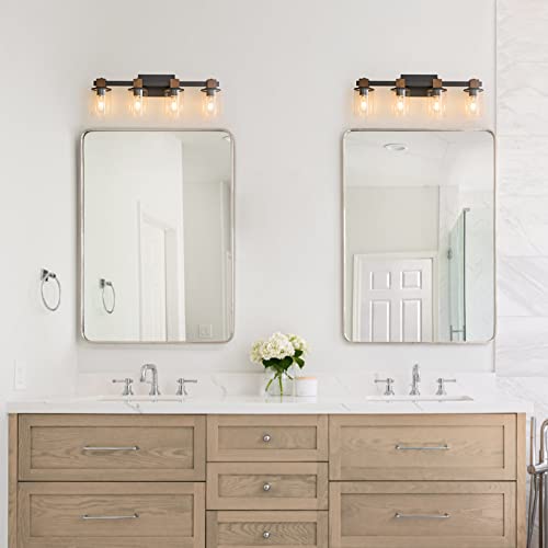 PUNSOKO Farmhouse Vanity Light Fixture, 3 Light Bathroom Wood Wall Light Over Mirror with Clear Glass Shade, Rustic Bathroom Vanity Light (Antique Wood, 3-Light)