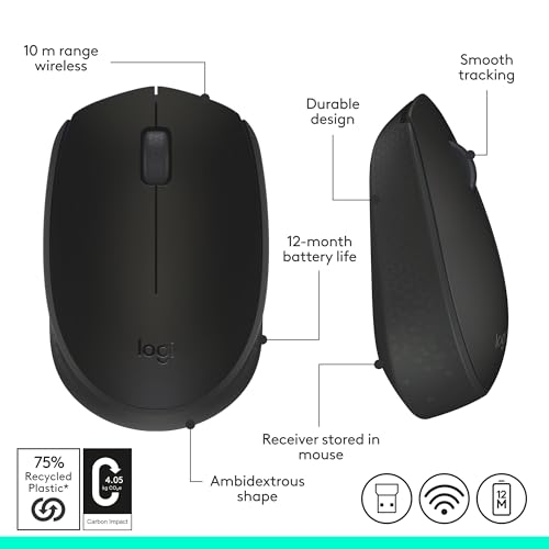 Logitech M170 Wireless Mouse for PC, Mac, Laptop, 2.4 GHz with USB Mini Receiver, Optical Tracking, 12-Months Battery Life, Ambidextrous - Black