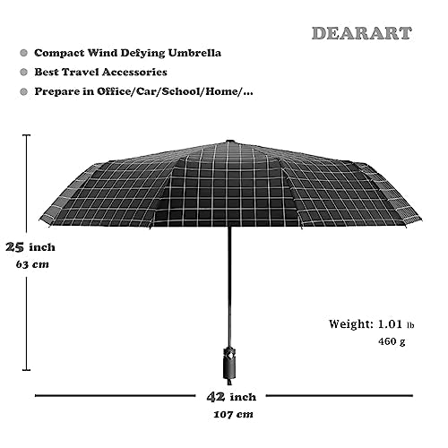 DEARART Umbrella for Rain and Wind, Auto Open&Close Stong Compact Umbrella Folding10 RIBS, Perfect Umbrella Essential Travel/Car/Backpack and on the go, Black Lattic