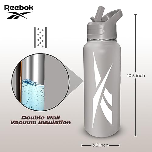 Reebok Stainless Steel Water Bottle With Straw Cap & Athletic Design - 32 oz - Double Wall Vacuum Insulated Sports Water Bottle With Straw, BPA Free (Grey with White Vector)