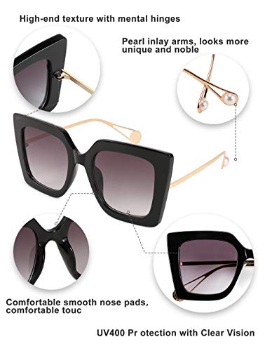 FEISEDY Sunglasses Womens Trendy, Oversized Square Shades, Pearl Inlay Cat Eye Frame UV400 Protection B2625,Black/Gradient Grey