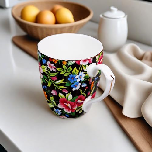 PMNING 14oz Floral Mug Porcelain Coffee Tea Cups - Novetly Floral Coffee Mugs Flower Coffee Mugs for Women Men - Christmas Birthday Gifts for Dad Mom Brother Friend(Black)