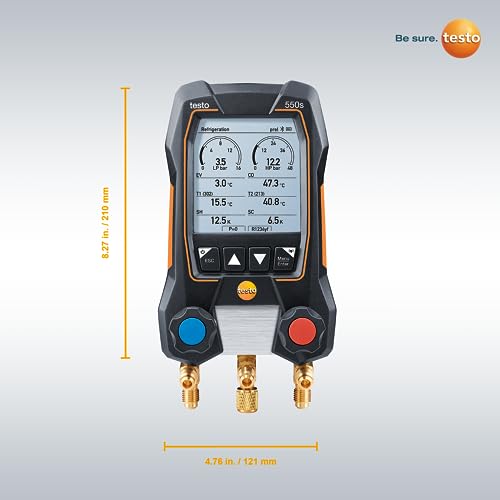 testo 550s AC Manifold Gauge Set – Manifold Gauges Hvac and Refrigeration – Incl. 2x testo 115i Pipe Clamp Thermometer, 1x testo 552i Micron Gauge and a Set of 3 Hoses – with Bluetooth