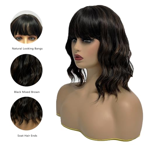 Romantic Angels Blonde Wavy Bob Wig with Bangs Synthetic Shoulder Length Wigs for Women Medium Length Hair Wig for Women