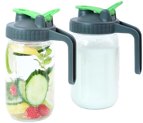 Glass Mason Jars Pitcher 1 Quart (2 Set) Breastmilk Formula Pitcher For Fridge 32 Oz Wide Mouth Jugs With Top Flip Cap & Pour Spout For Cold Coffee, Sun Tea Airtight Storage & Leakproof