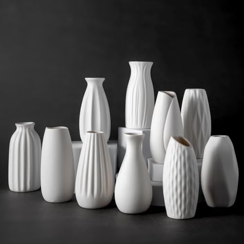 Small White Ceramic Vase Set of 10 - Mini Bud Vases for Flowers and Pampas Grass, Boho Centerpieces for Home and Party Decor, White Vases Home Decor, Ceramic Vase Set for Weddings