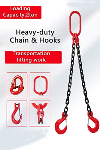 Chain Sling 2/5Inch X 5 Ft 4410lb Double Leg with Sling Hooks Chain Slings Adjusters Grade 80Alloy Steel Engine Chain Hoist Lifts【2 Ton】