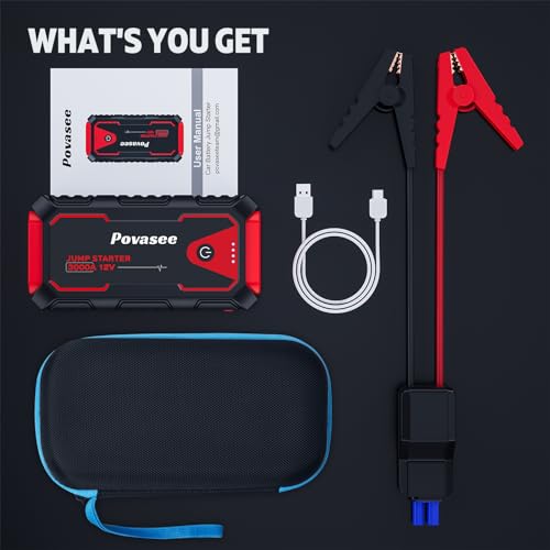 Povasee Jump Starter 3000A Peak Jump Starter Battery Pack, 12V Jump Box for Car Battery up to 10L Gas or 8L Diesel Engine Battery Jump Starter with Power Bank/Dual Output/LED Light (3000A)