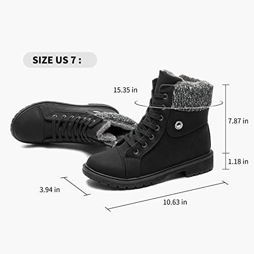 FRACORA Women's PU Leather Combat Boots Warm Fur Lined Black Ankle Booties Side Zipper White Boots Non-slip Waterproof Winter Boots(Black.US6)