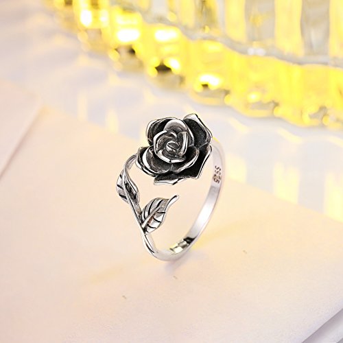 Alphm S925 Sterling Silver Adjustable Wrap Open Lotus Rings Rose Flower Ring for Women Floral Jewelry