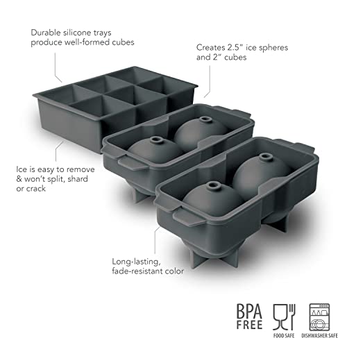 Tovolo Ice Cube Trays & Sphere Molds Easy Release Silicone 6 Large Cubes & 2 Spheres for Whiskey Cocktails and Beverages, Charcoal Gray