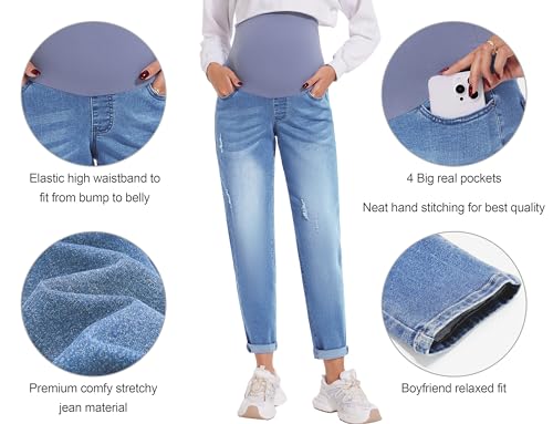 POSHGLAM Women's Maternity Jeans Over Belly Comfy Stretch Boyfriend Jeans Denim Pregnancy Pants(Light Blue, Small)