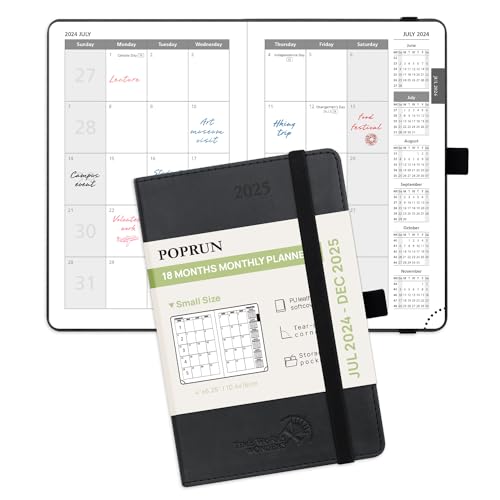 POPRUN Monthly Planner 2024-2025 - 18 Month Calendar Book for Purse (Jul.2024 - Dec.2025), Pocket Size (4''x 6.25'') Soft Leather Cover, 100 GSM Thick Paper - Black