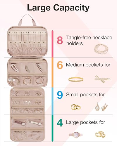BAGSMART Travel Jewelry Case, Hanging Roll Jewelry Bag with Zipper Pockets Jewelry from Oxidation, Large Capacity for Earrings, Necklaces, Rings on Closet, Wall, Door, Portable Travel Essentials, Pink
