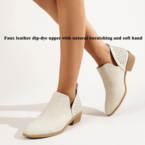 JITUUE Ankle Boots for Women Casual Cut Out Slip On Low Heel Short Chunky Stacked Heel Perforated Side V Cut Western Booties Cutout Shoes(Beige,US 6