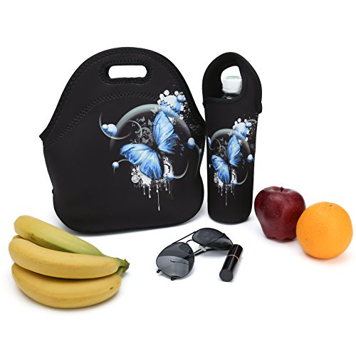 Neoprene Lunch Bag,Thick insulated Lunch Box Bag For Women,Men & Kids Includes Water Bottle Carrier For Snacks & Lunch- Lightweight|Rugged Lunchbox |For Travel,Picnic,School,Office (Blue Butterfly)