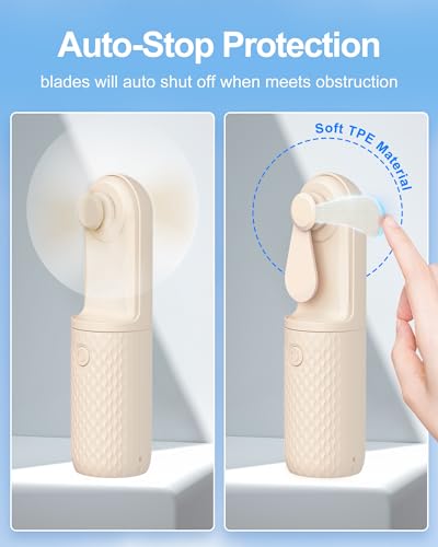 Coohea Portable Fan Mini Handheld Fan Small Makeup Lash Fan Powerful Personal Cooling Fan USB Rechargeable Battery Operated, Hand Held Fan for Travel Beach Hike, Pocket Size, 10-15.5H Working, Beige
