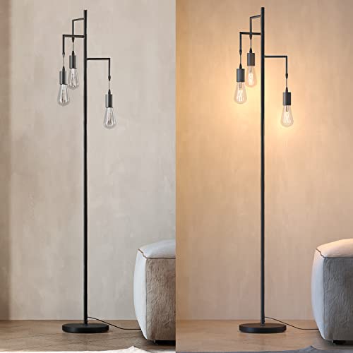 SUNMORY Dimmable Floor Lamp, 68 Inch Tall Floor Lamps for Living Room, Standing Lamp with 3 x 6w LED Edison Bulbs, Tree Lamp, Farmhouse Industrial Floor Lamp for Bedroom, Office, Home Decor, Black