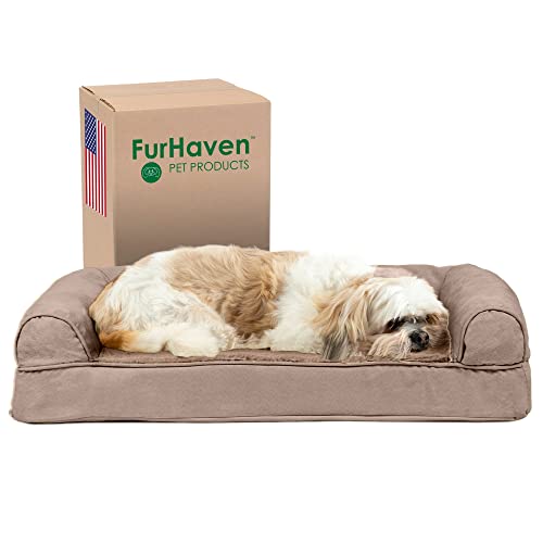 Furhaven Cooling Gel Dog Bed for Medium/Small Dogs w/ Removable Bolsters & Washable Cover, For Dogs Up to 35 lbs - Plush & Suede Sofa - Deep Pool, Medium