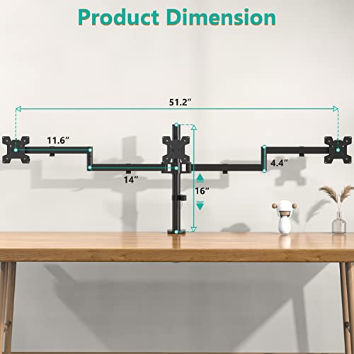 WALI Triple LCD Monitor Desk Mount Fully Adjustable Horizontal Stand Fits 3 Screens up to 27 inch, 22 lbs. Weight Capacity per Arm (M003S), Black