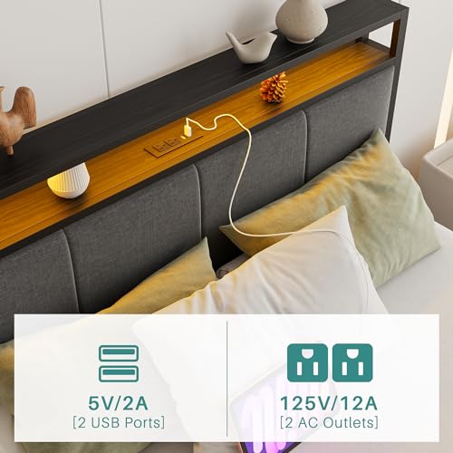 VECOCHO Twin Bed Frame with Charging Station and LED Lights,Upholstered Headboard with Storage Shelves,Heavy Duty Metal Slats, No Box Spring Needed,Noise Free, Easy Assembly,Black and Dark Grey