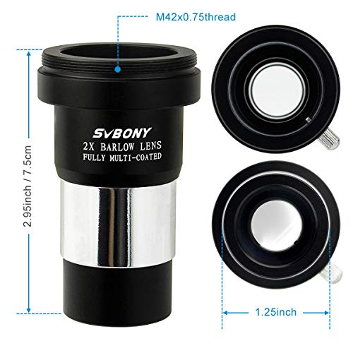 SVBONY Barlow Lens 2X, 1.25 inch Barlow Lens with Multi Coated Broadband Green Film, Telescope Accessories with M42 Thread for Telescope Eyepiece