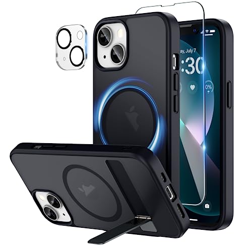 Niunisi Magnetic Case for iPhone 13 Case 6.1-Inch, Slim Kickstand with Screen Protector Compatible with Magsafe Shockproof Translucent Matte Cases Phone Case Cover, Black