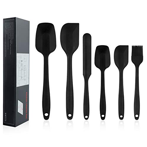 Shebaking Silicone Spatula, 6 pieces Heat Resistant Rubber Spatulas Set for Baking, Cooking and Mixing Kitchen Utensils Seamless One Piece Spatula with Stainless Steel Core (Black)