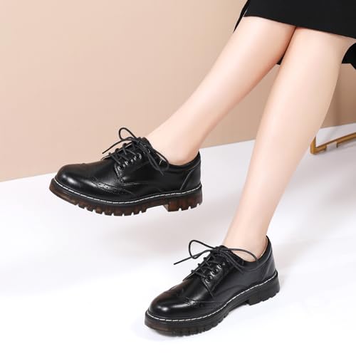 Oxford Shoes Women Slip Resistant Dress Shoes Wingtip Perforated Lace Up Low Heel Casual Work Office Dressy Business Shoes Black US 6