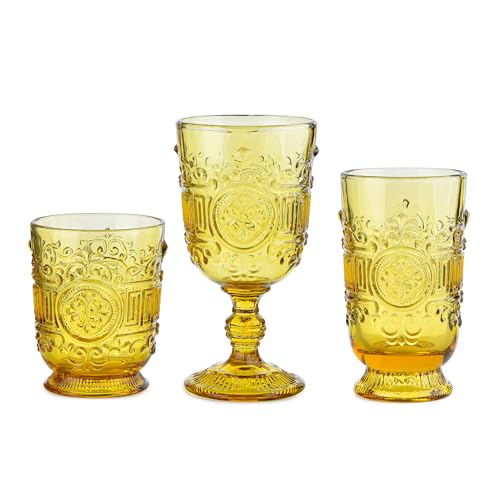 Sungmor Vintage Drinking Glasses Beverage Glass Cups, Set of 3 Embossed Wine Goblets & Highball Glasses and Old Fashioned Glasses, Amber Cocktail Drinking Glassware, 10 oz Water Tumblers Juice Glasses