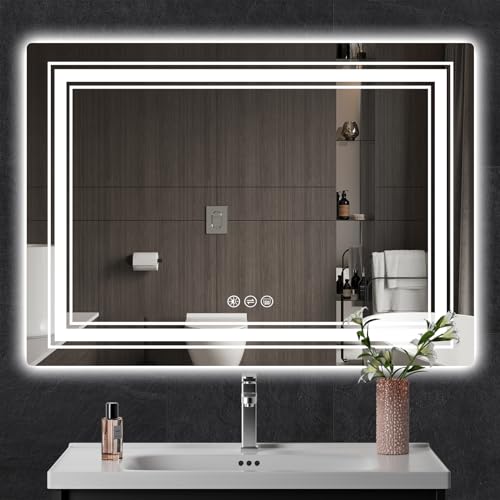 BokiHuk Led Bathroom Mirror with Lights, 40x24 inch Wall Mounted Lighted Vanity Mirror, Makeup Mirror Dimmable Anti-Fog with 3 Colors Light, Waterproof (Backlit & Front-Lighted)